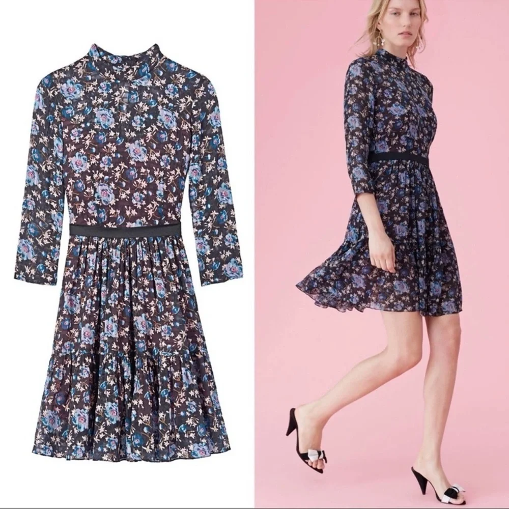 REBECCA TAYLOR Silk Solstice Floral High Neck Short Dress Black Size 0